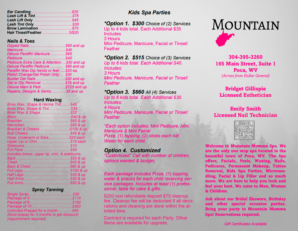 Mountain Momma Spa Poca WV Brochure 2025