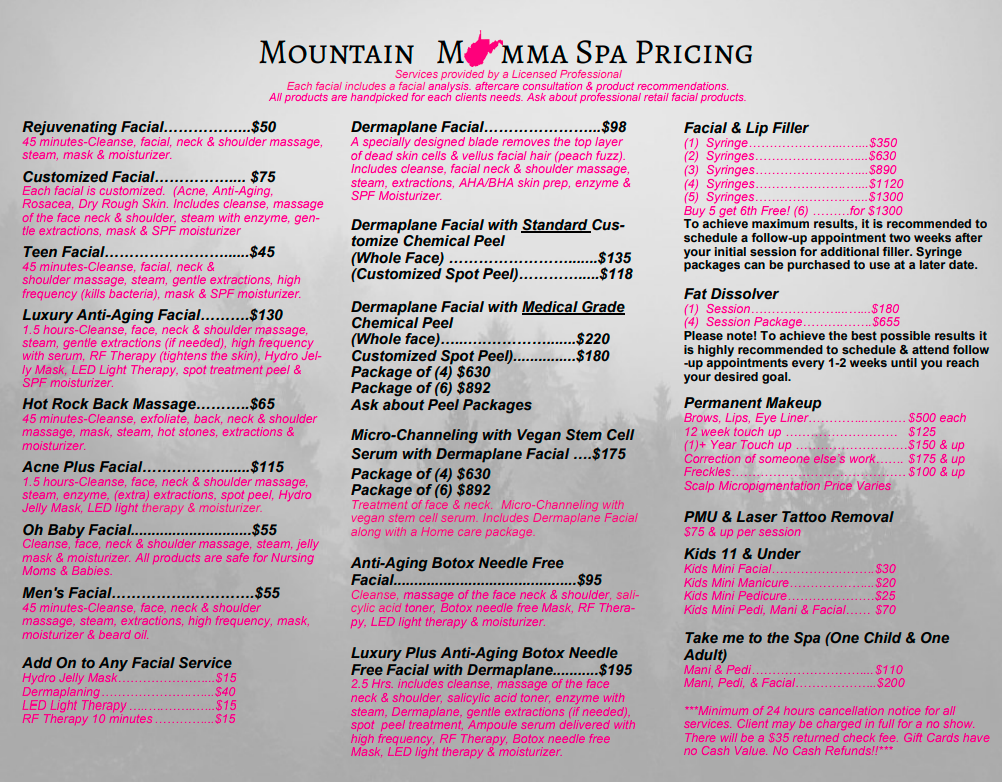 Mountain Momma Spa Services Poca WV Brochure 2025 Side 2